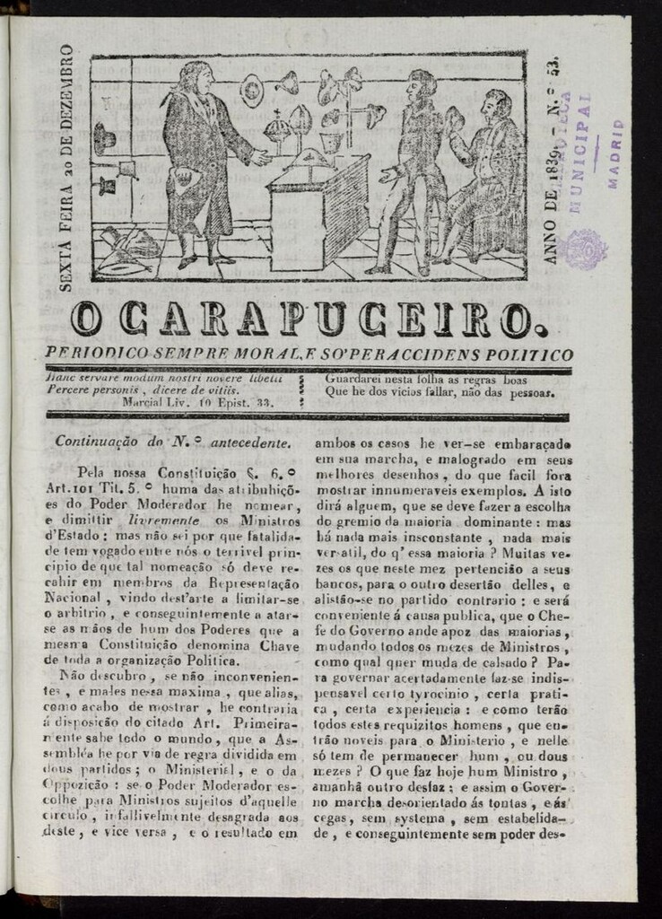Miniatura de O Carapuceiro del 20 de diciembre de 1839