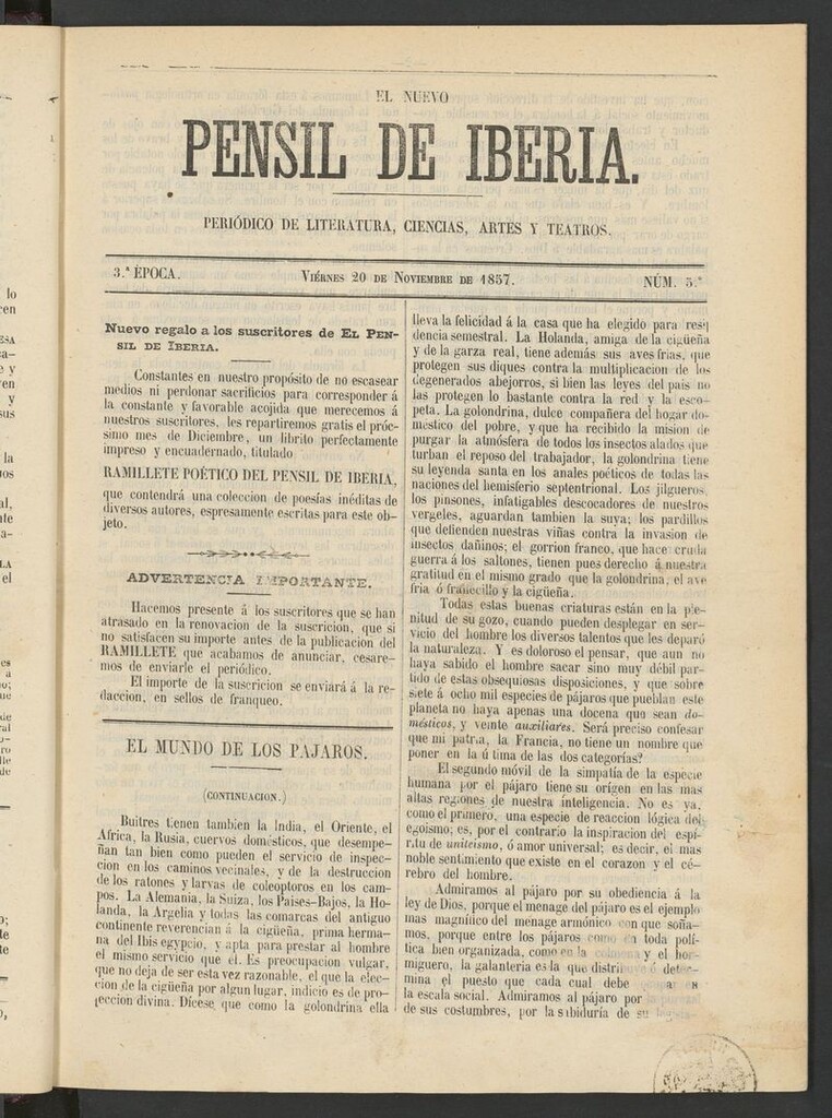 Miniatura de El nuevo Pensil de Iberia del 20 de noviembre de 1857