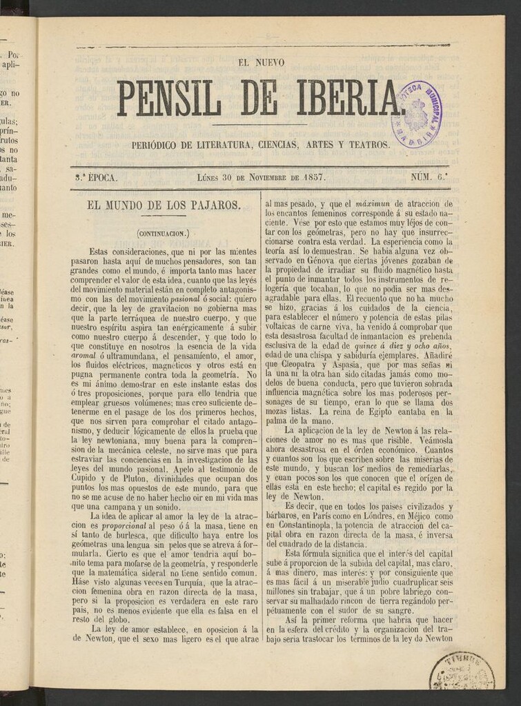 Miniatura de El nuevo Pensil de Iberia del 30 de noviembre de 1857