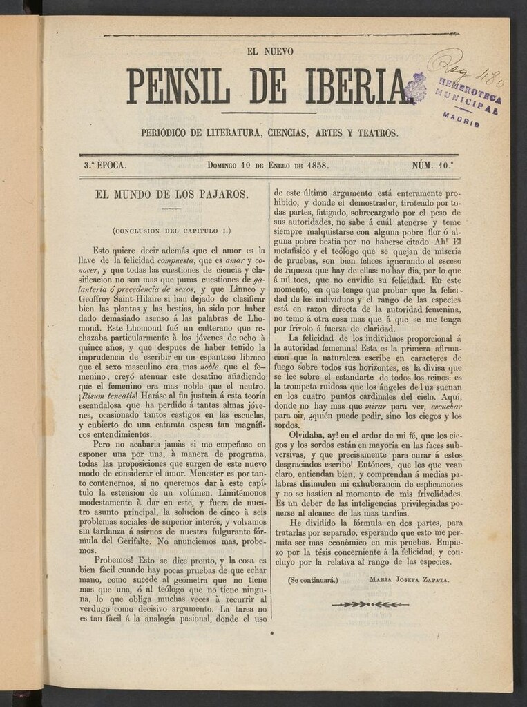 Miniatura de El nuevo Pensil de Iberia del 10 de enero de 1858