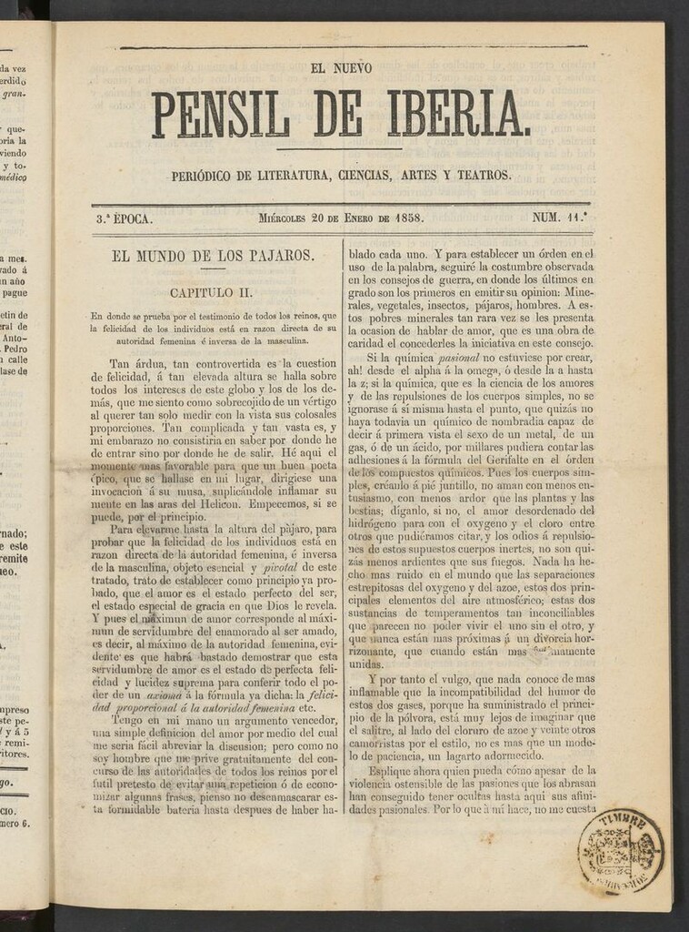 Miniatura de El nuevo Pensil de Iberia del 20 de enero de 1858