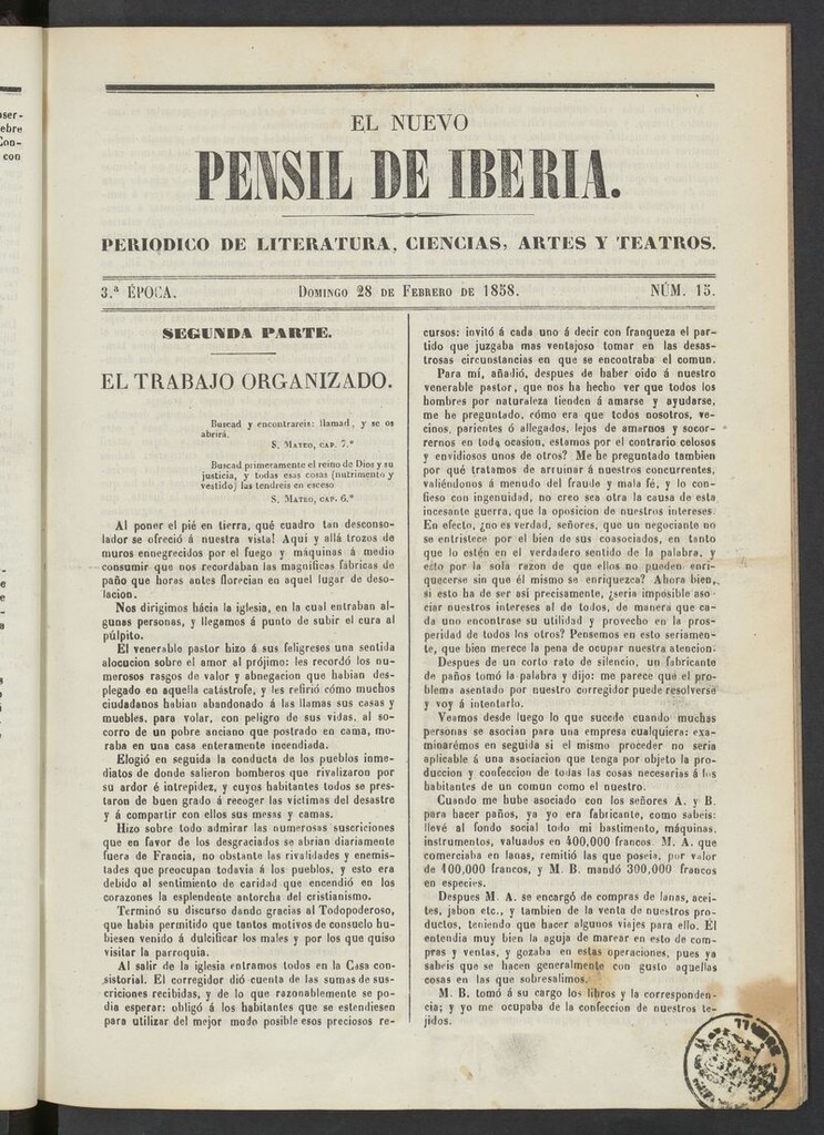 Miniatura de El nuevo Pensil de Iberia del 28 de febrero de 1858
