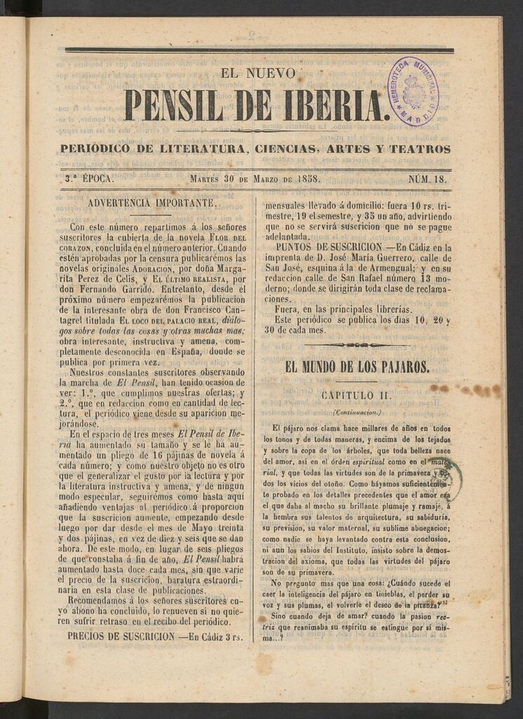 Miniatura de El nuevo Pensil de Iberia del 30 de marzo de 1858