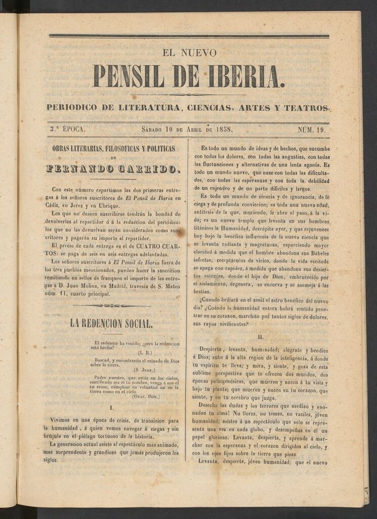 Miniatura de El nuevo Pensil de Iberia del 10 de abril de 1858