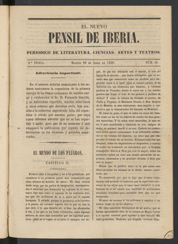 Miniatura de El nuevo Pensil de Iberia del 20 de abril de 1858