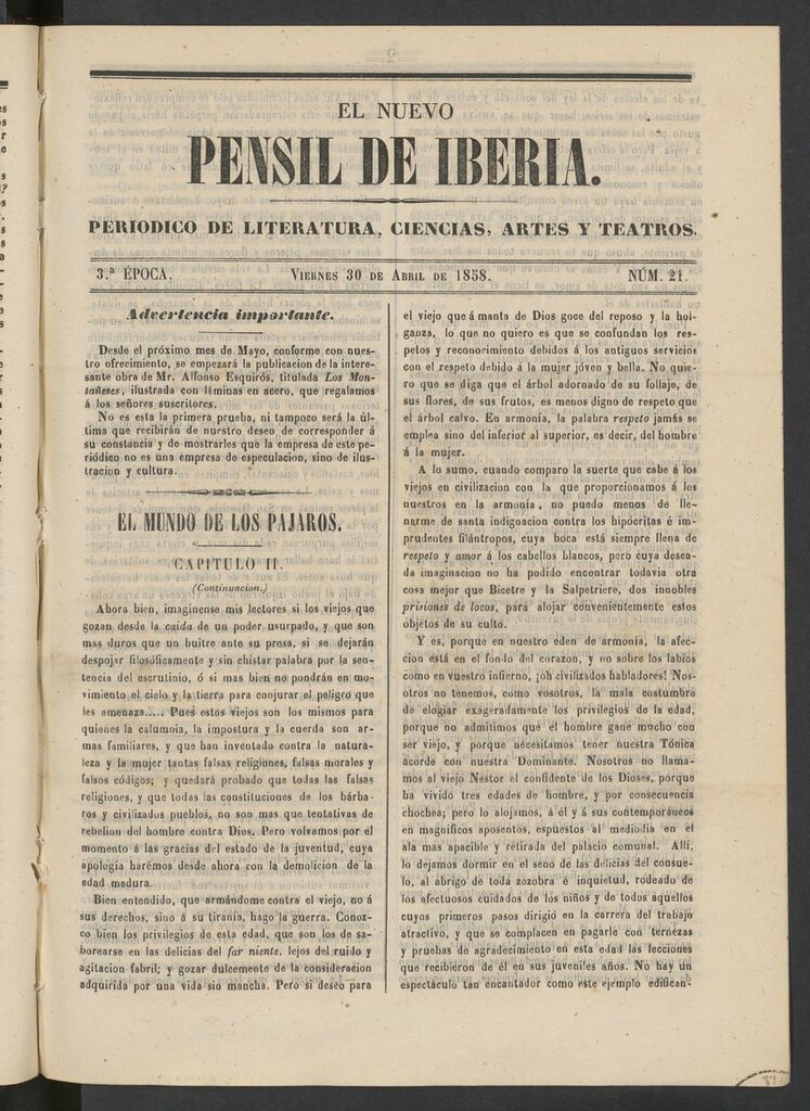 Miniatura de El nuevo Pensil de Iberia del 30 de abril de 1858
