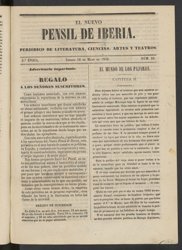 Miniatura de El nuevo Pensil de Iberia del 10 de mayo de 1858