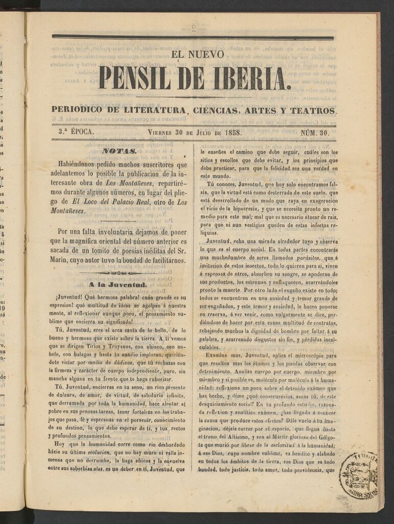 Miniatura de El nuevo Pensil de Iberia del 30 de julio de 1858