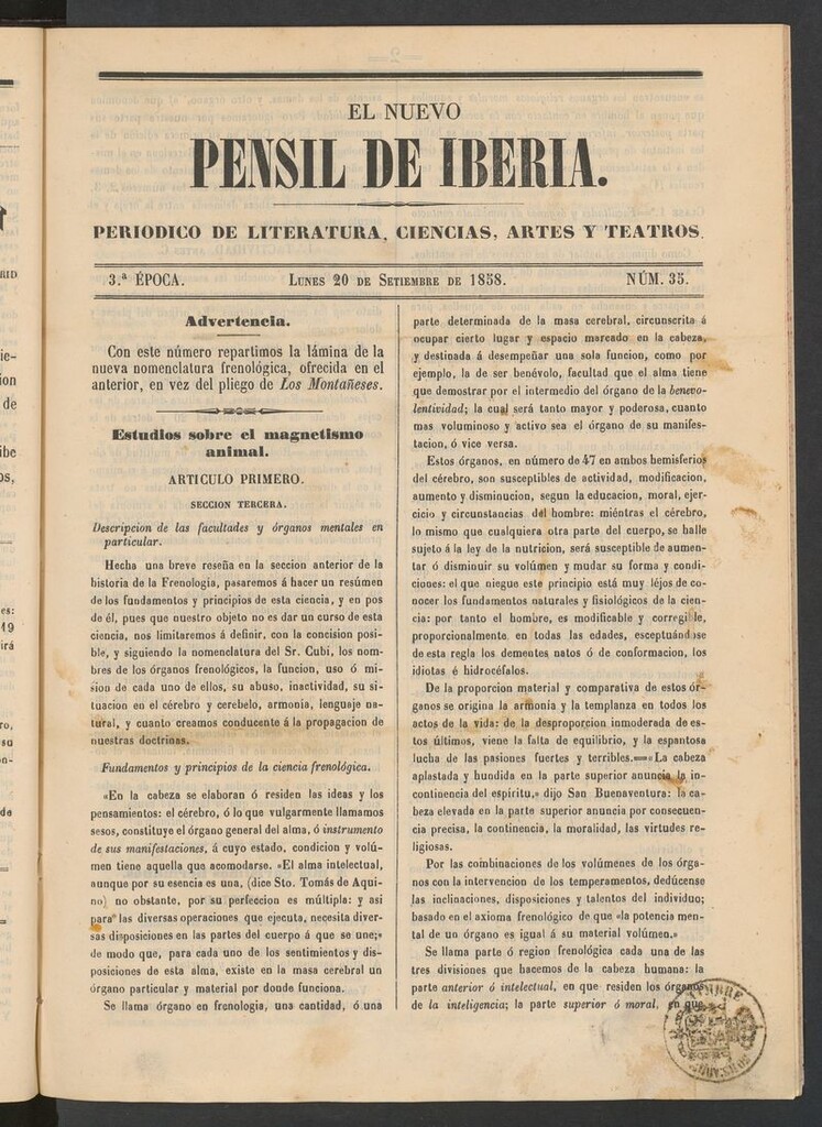 Miniatura de El nuevo Pensil de Iberia del 20 de septiembre de 1858