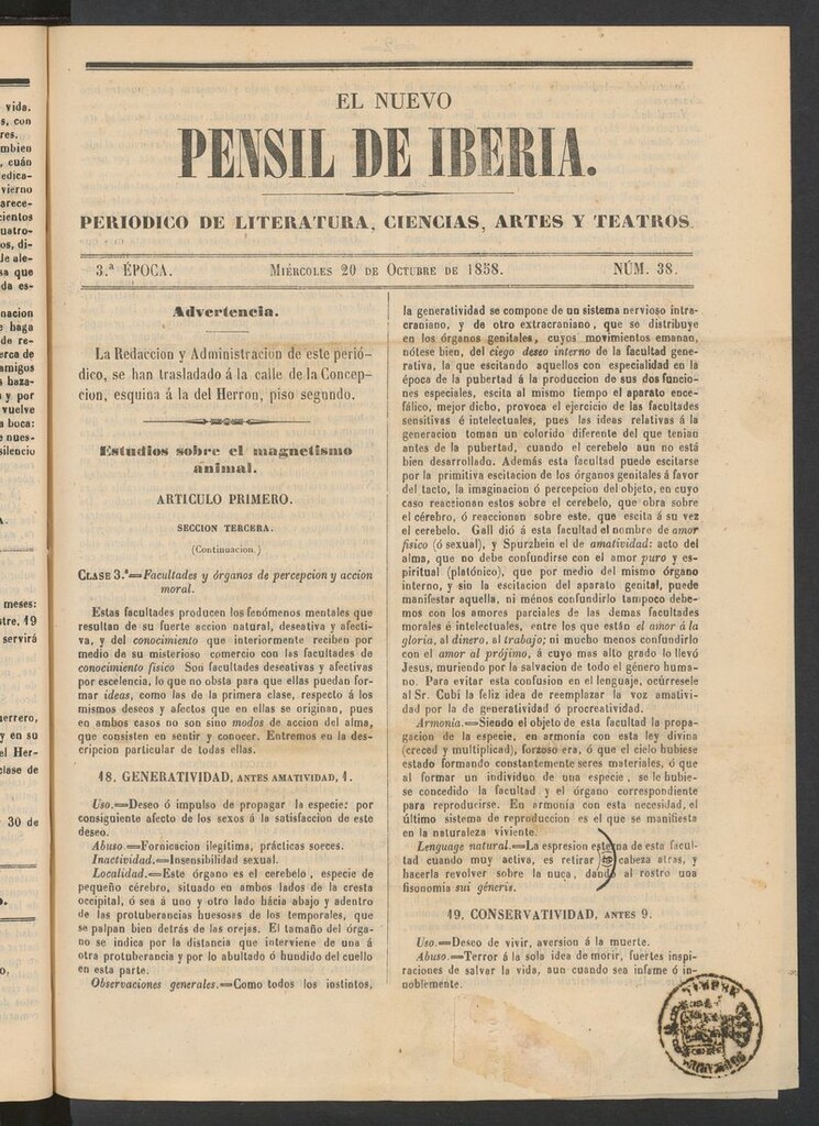 Miniatura de El nuevo Pensil de Iberia del 20 de octubre de 1858