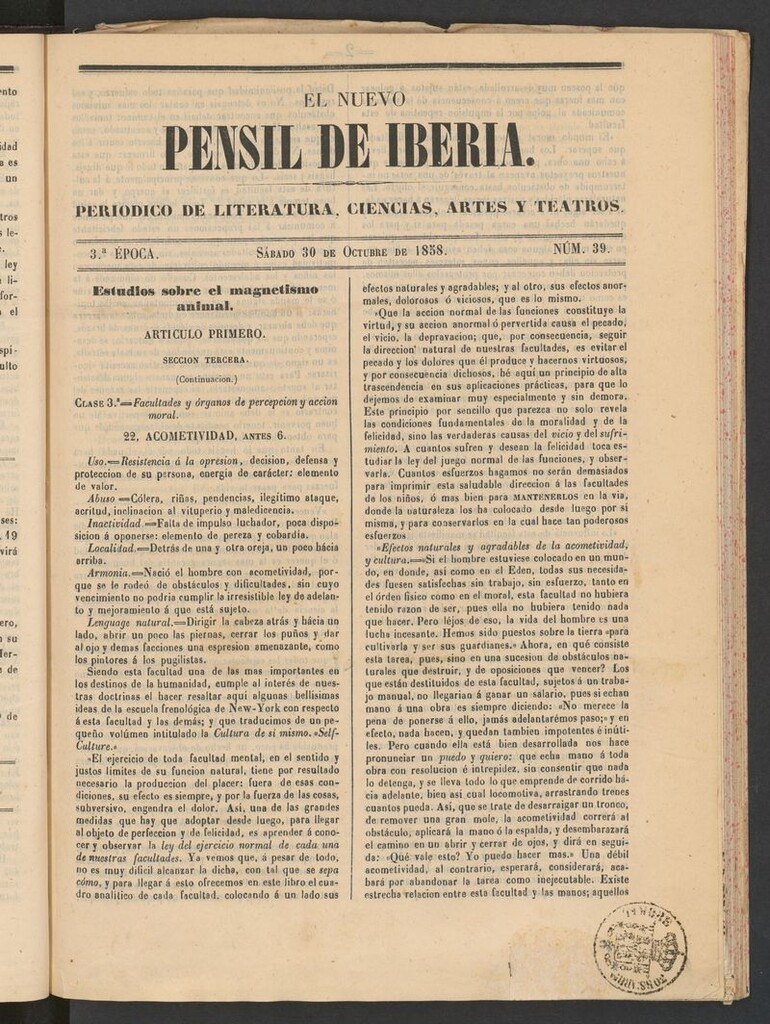Miniatura de El nuevo Pensil de Iberia del 30 de octubre de 1858