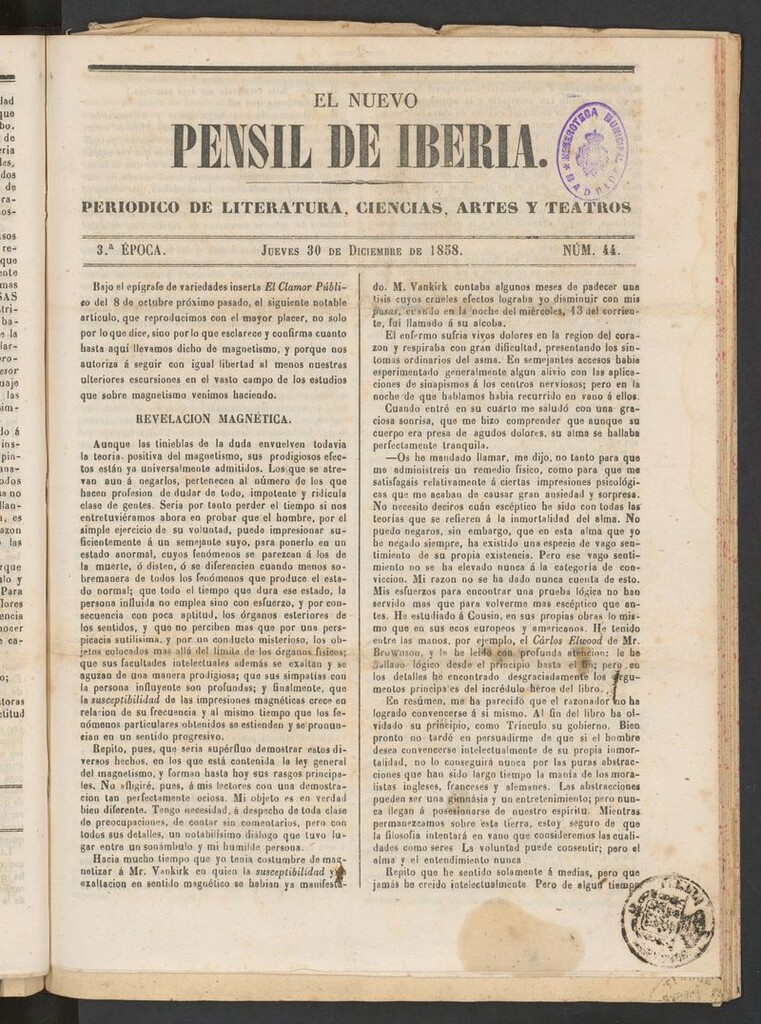 Miniatura de El nuevo Pensil de Iberia del 30 de diciembre de 1858