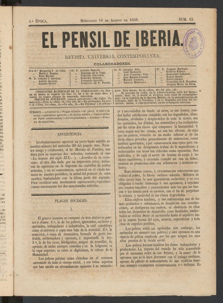 Miniatura de El nuevo Pensil de Iberia el 10 de agosto de 1859