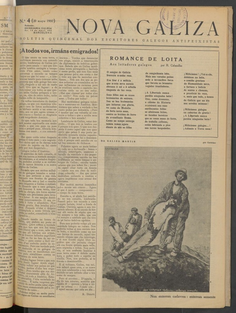Miniatura de Nova Galiza : boletín quincenal dos escritores galegos antifeixistas del 20 de mayo de 1937