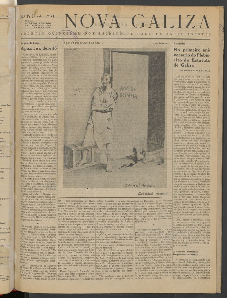 Miniatura de Nova Galiza : boletín quincenal dos escritores galegos antifeixistas del 1 de julio de 1937