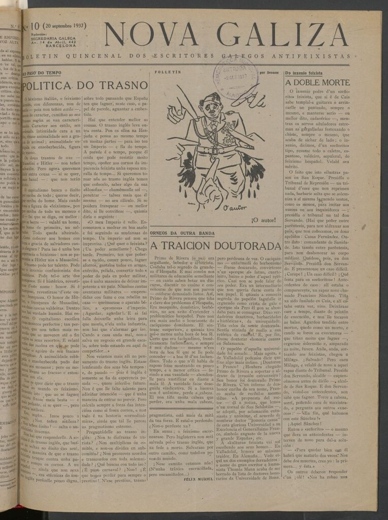 Miniatura de Nova Galiza : boletín quincenal dos escritores galegos antifeixistas del 20 de septiembre de 1937