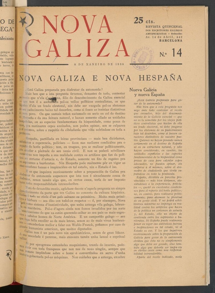 Miniatura de Nova Galiza : boletín quincenal dos escritores galegos antifeixistas del 8 de xaneiro de 1938