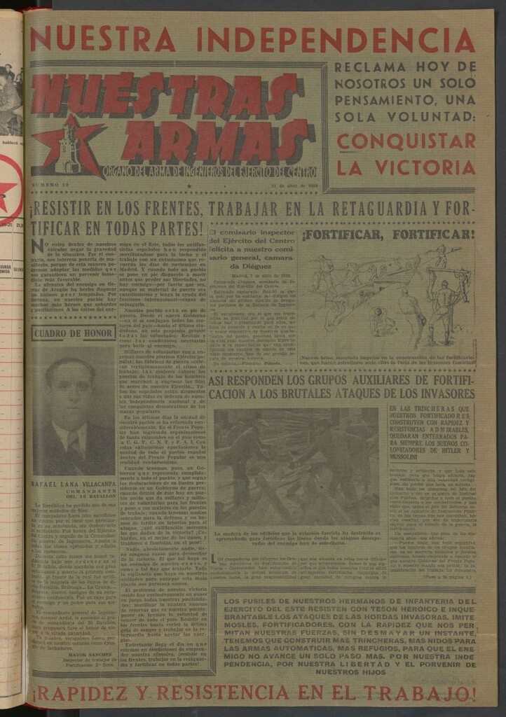 Miniatura de Nuestras armas : órgano del Arma de Ingenieros del Ejército del Centro del 11 de abril de 1938