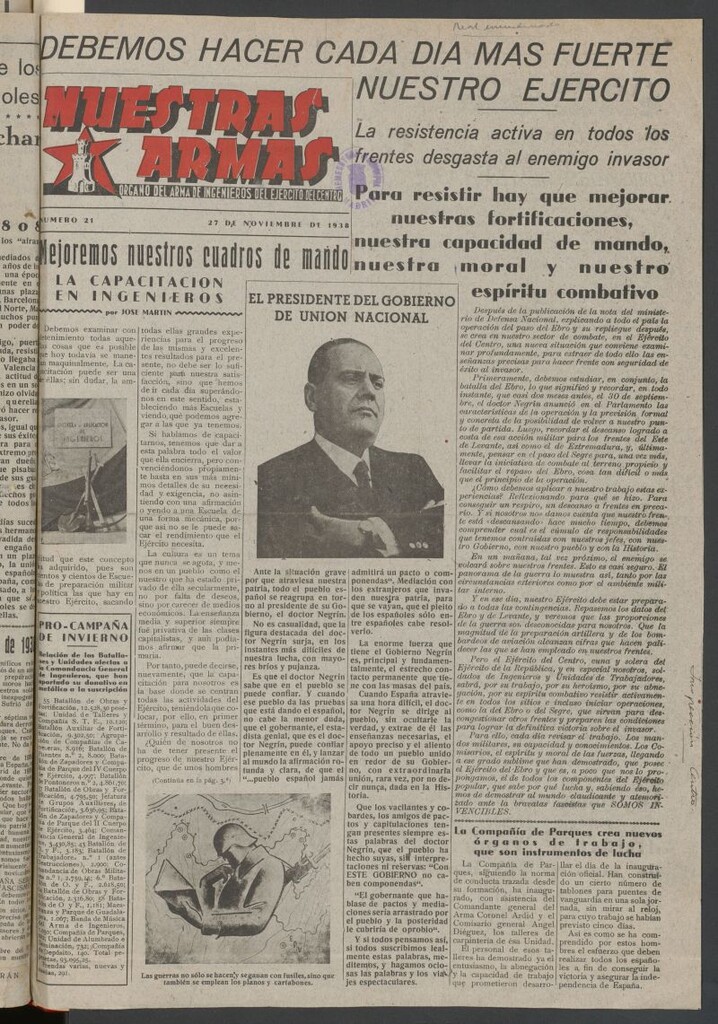 Miniatura de Nuestras armas : órgano del Arma de Ingenieros del Ejército del Centro del 27 de noviembre de 1938