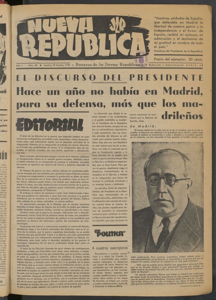 Miniatura de Nueva República : portavoz de los Jóvenes Republicanos de Izo de 20 de noviembre de1937