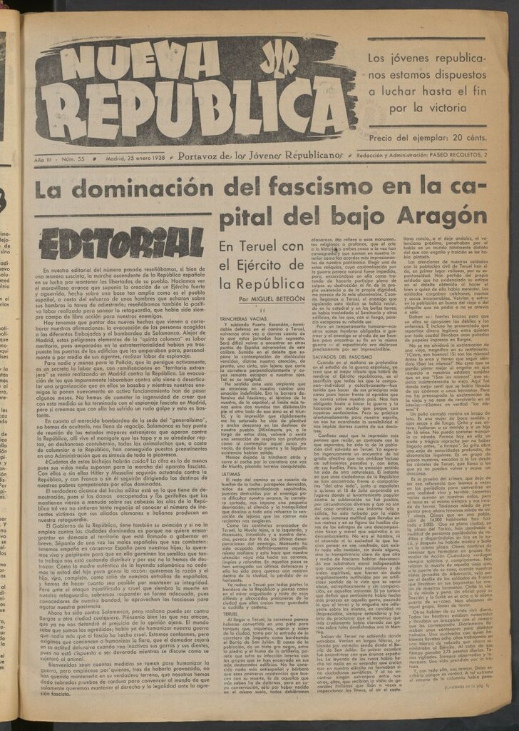 Miniatura de Nueva República : portavoz de los Jóvenes Republicanos de Izo del 25 de enero de 1938