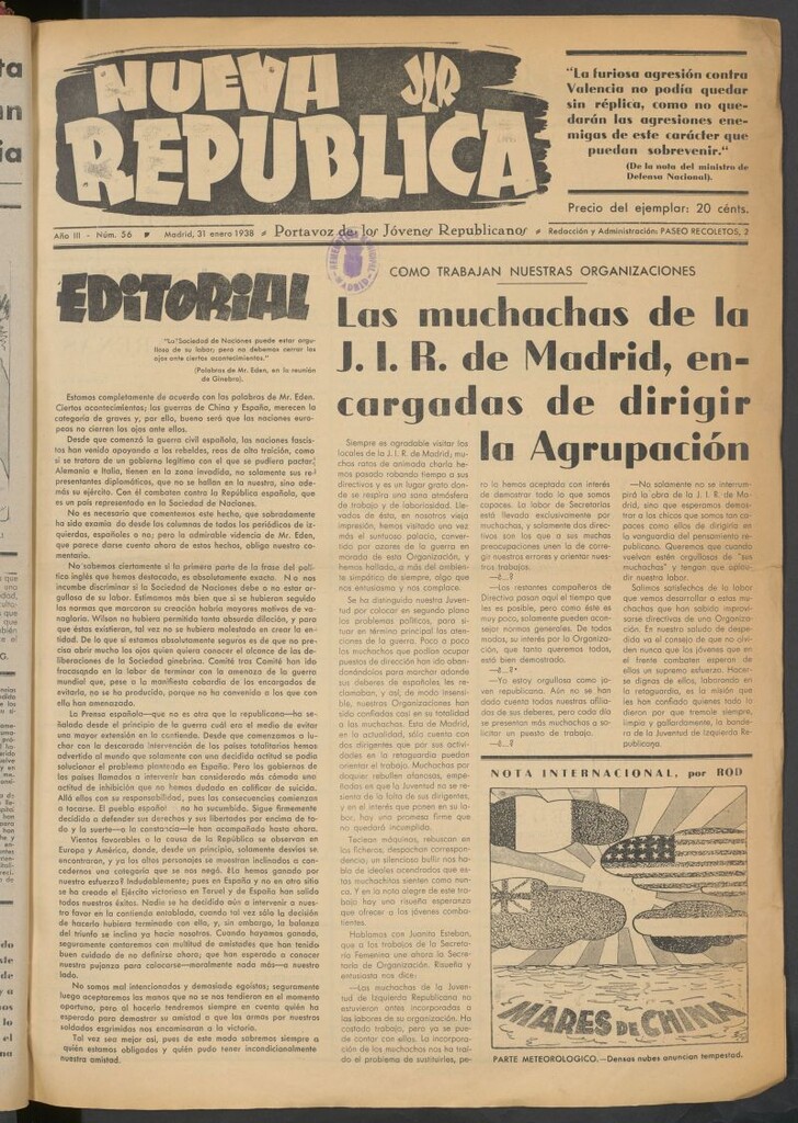 Miniatura de Nueva República : portavoz de los Jóvenes Republicanos de Izo del 31 de enero de 1938