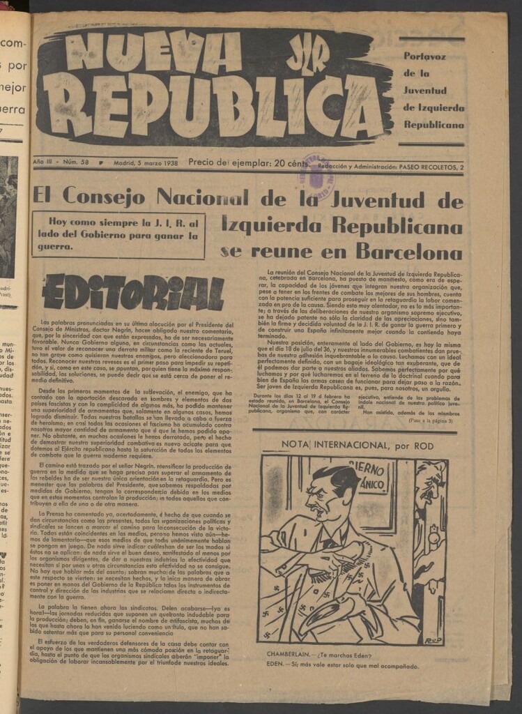 Miniatura de Nueva República : portavoz de los Jóvenes Republicanos de Izo del 5 de marzo de 1938