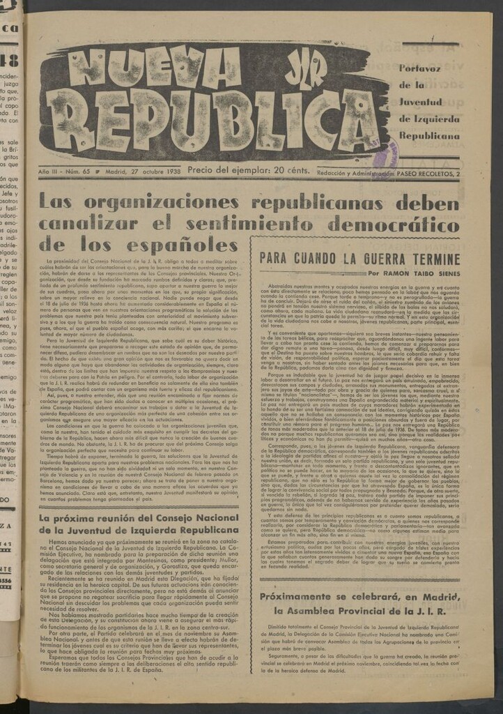 Miniatura de Nueva República : portavoz de los Jóvenes Republicanos de Izo del 27 de octubre de 1938