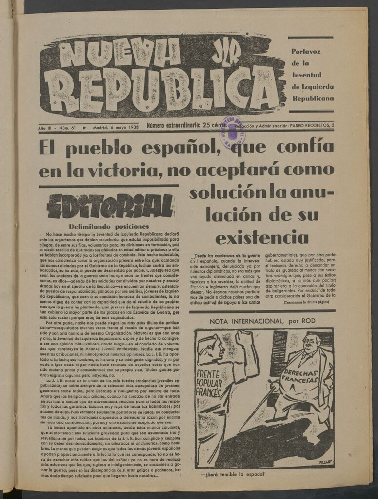 Miniatura de Nueva República : portavoz de los Jóvenes Republicanos de Izo del 6 de mayo de 1938