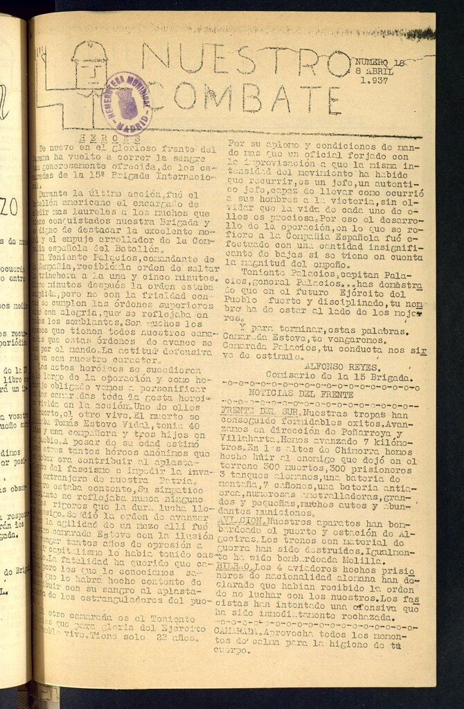 Miniatura de Nuestro combate : órgano del Frente de la 15 Brigada Internacional. 8 de abril de 1937