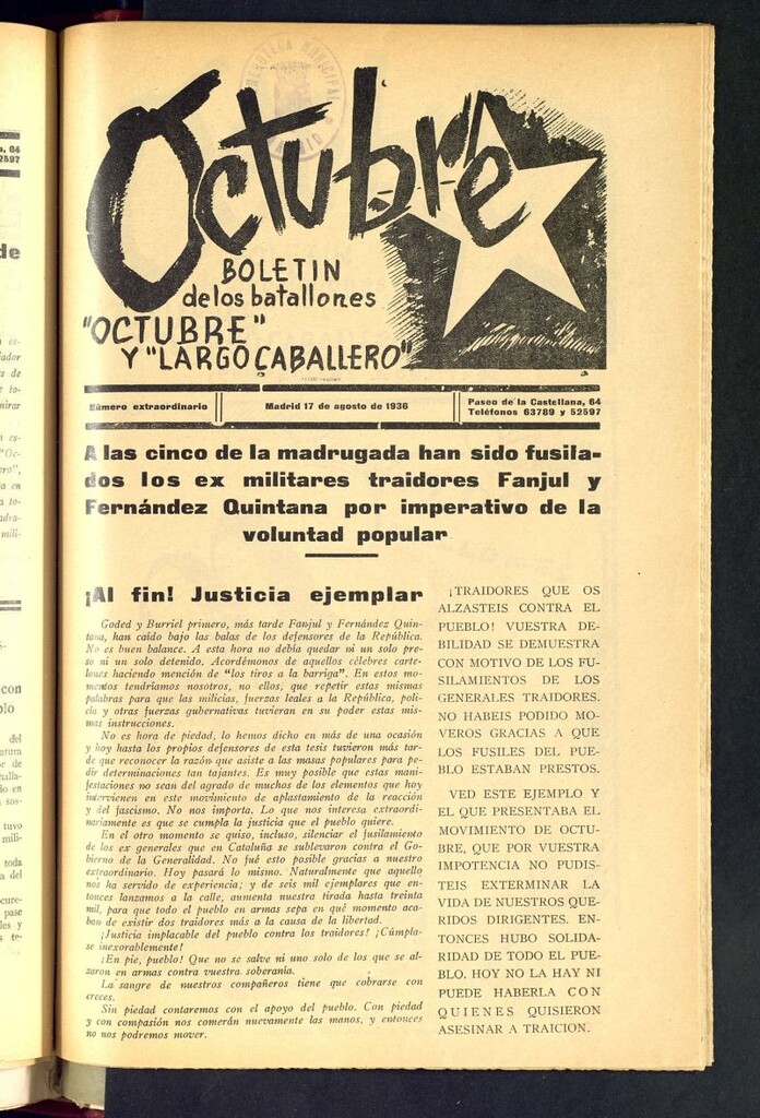 Miniatura de Octubre : boletín de los Batallones Octubre y Largo Caballero del 17 de agosto de 1936. Número extraordinario