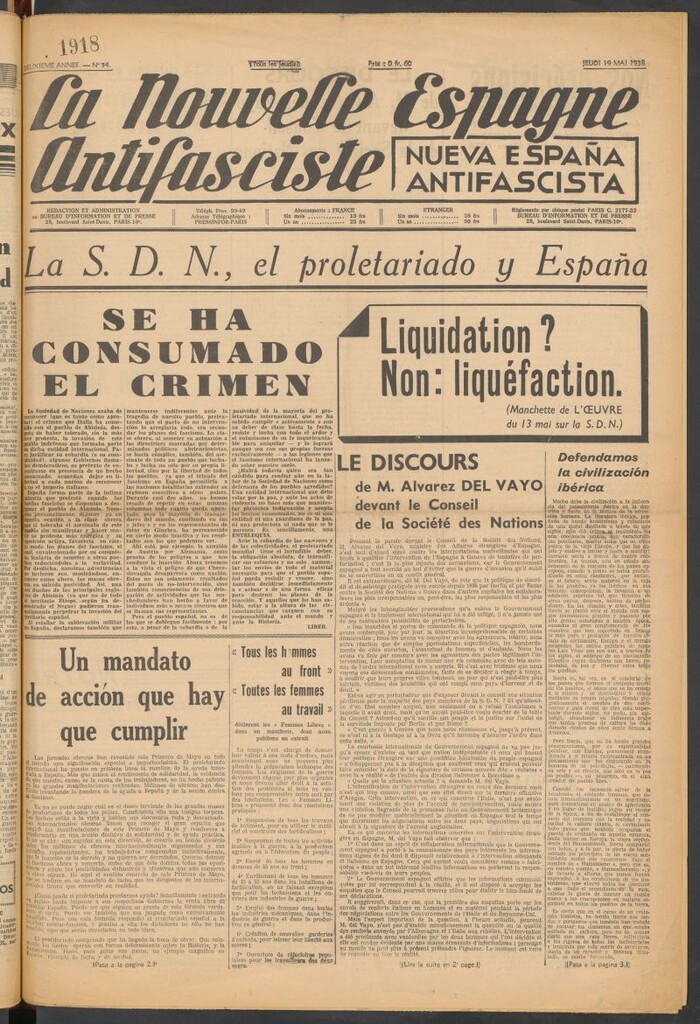 Miniatura de La Nouvelle Espagne antifasciste = Nueva España antifascista. 19 Mai, 1938