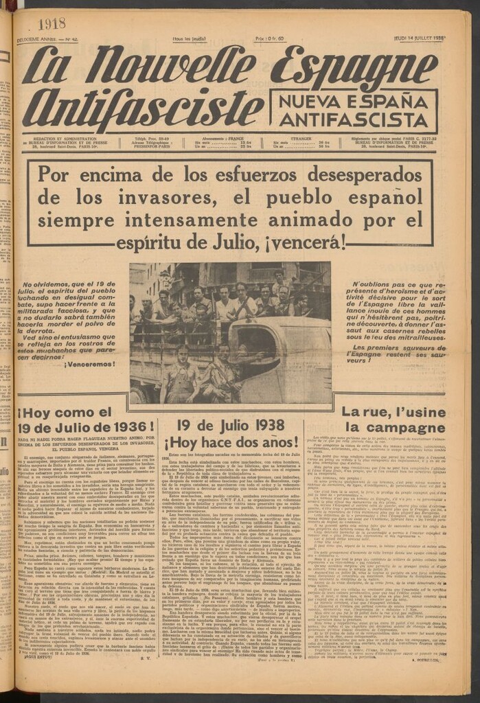Miniatura de La Nouvelle Espagne antifasciste = Nueva España antifascista. 14 Juillet, 1938