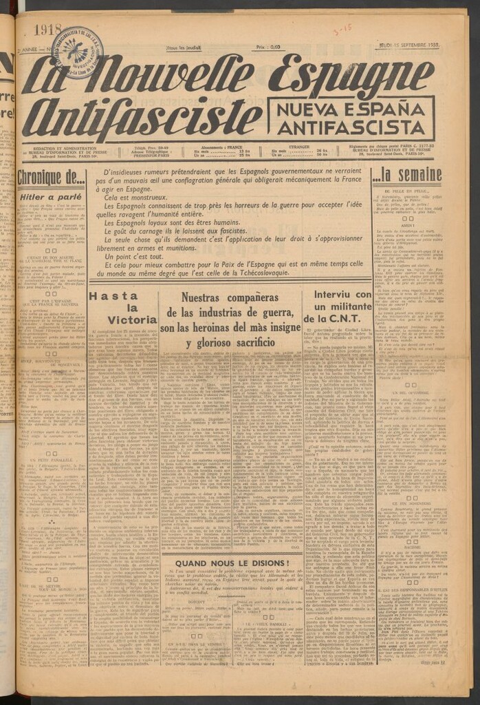 Miniatura de La Nouvelle Espagne antifasciste = Nueva España antifascista. 15 Septembre, 1938