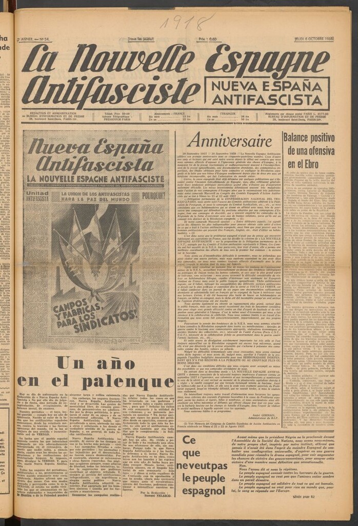 Miniatura de La Nouvelle Espagne antifasciste = Nueva España antifascista. 6 Octobre, 1938