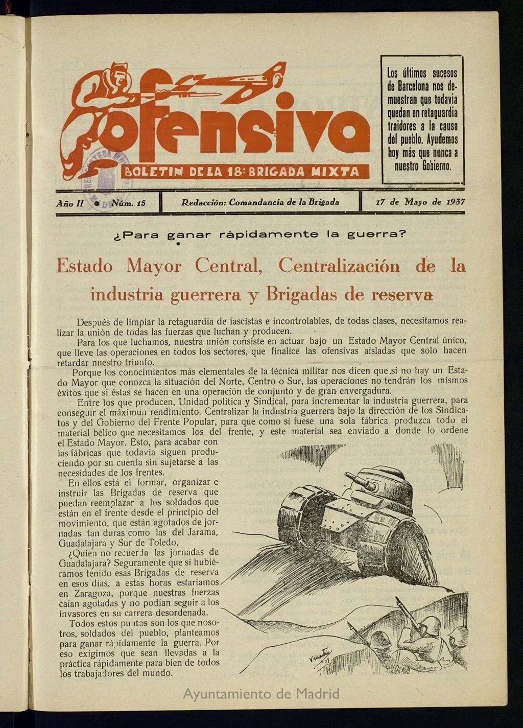 Miniatura de Ofensiva : boletín de la 18ª Brigada Mixta del 17 de mayo de 1937
