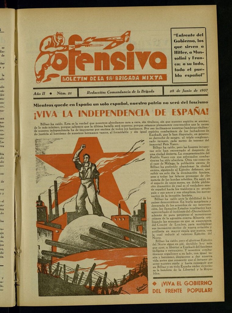 Miniatura de Ofensiva : boletín de la 18ª Brigada Mixta del 28 de junio de 1937