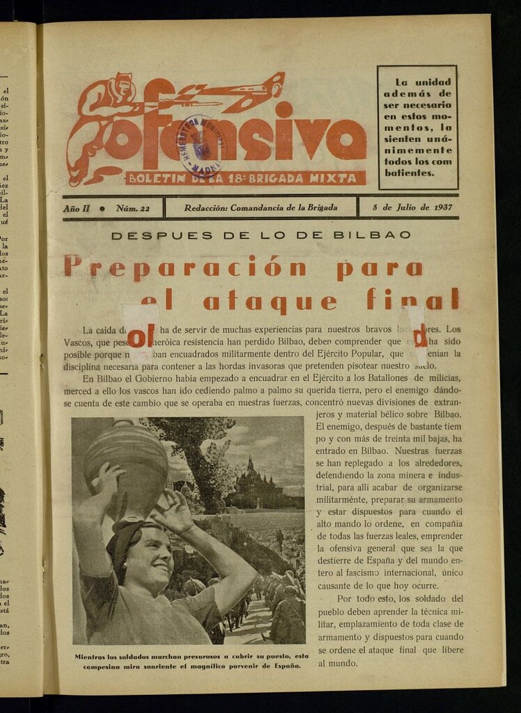Miniatura de Ofensiva : boletín de la 18ª Brigada Mixta del 5 de julio de 1937