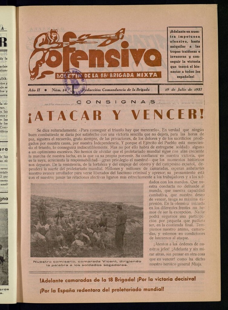 Miniatura de Ofensiva : boletín de la 18ª Brigada Mixta del 19 de julio de 1937