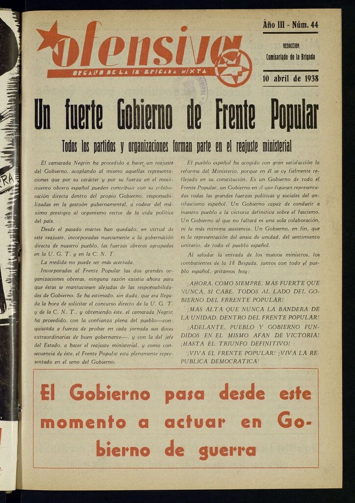 Miniatura de Ofensiva : boletín de la 18ª Brigada Mixta del 10 de abril de 1938