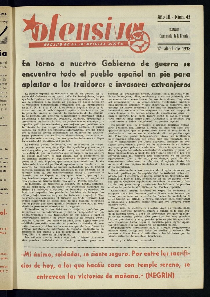 Miniatura de Ofensiva : boletín de la 18ª Brigada Mixta del 17 de abril de 1938