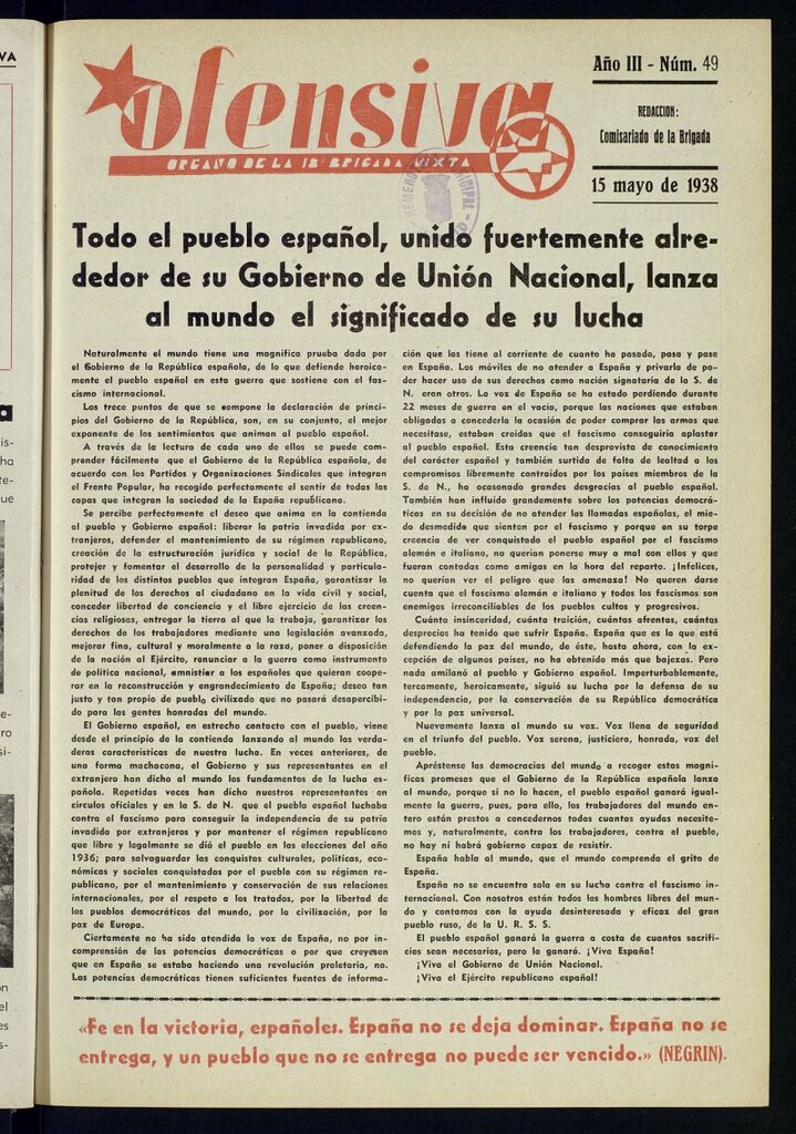 Miniatura de Ofensiva : boletín de la 18ª Brigada Mixta del 15 de mayo de 1938