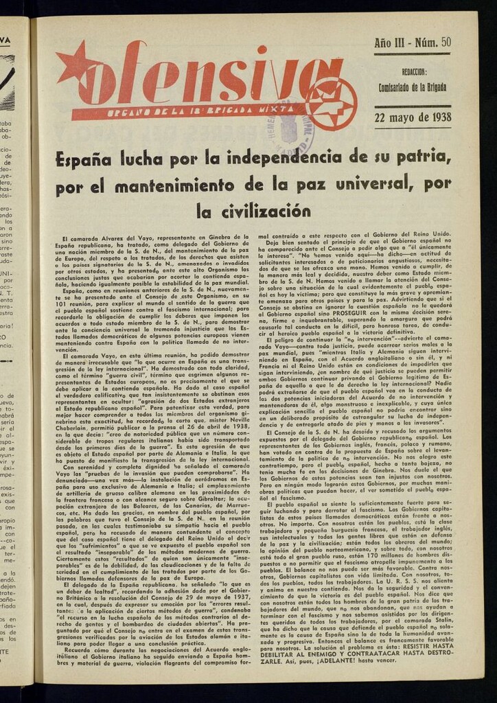 Miniatura de Ofensiva : boletín de la 18ª Brigada Mixta del 22 de mayo de 1938