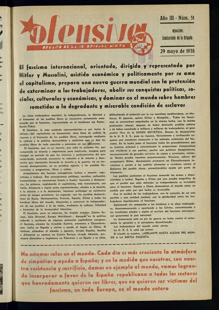 Miniatura de Ofensiva : boletín de la 18ª Brigada Mixta del 29 de mayo de1938