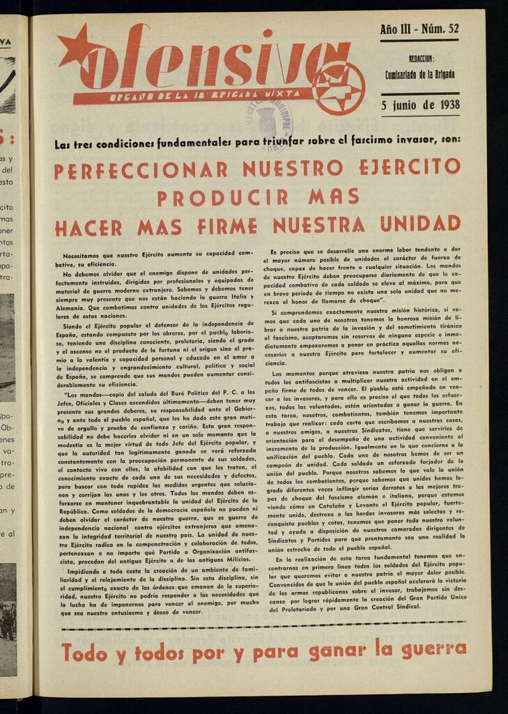 Miniatura de Ofensiva : boletín de la 18ª Brigada Mixta del 5 de junio de 1938
