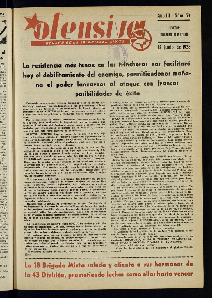 Miniatura de Ofensiva : boletín de la 18ª Brigada Mixta del 12 de junio de 1938