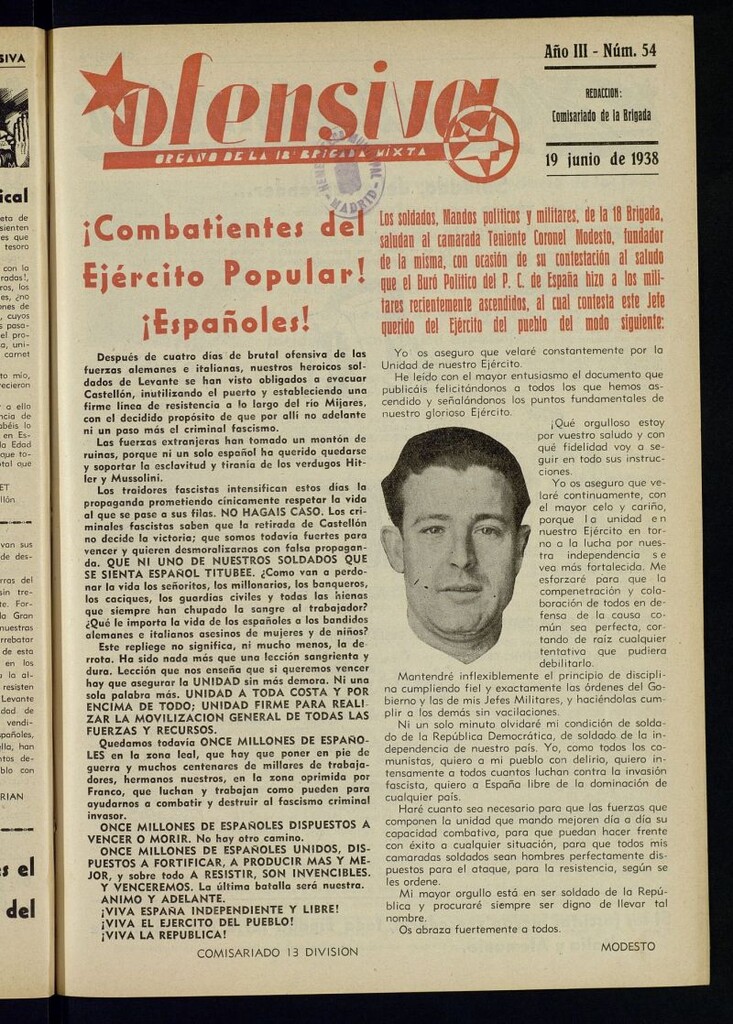 Miniatura de Ofensiva : boletín de la 18ª Brigada Mixta del 19 de junio de 1938