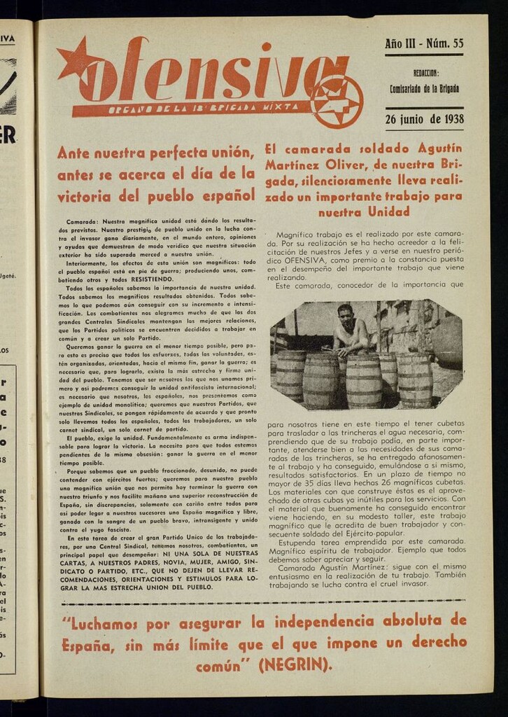 Miniatura de Ofensiva : boletín de la 18ª Brigada Mixta del 26 de junio de 1938