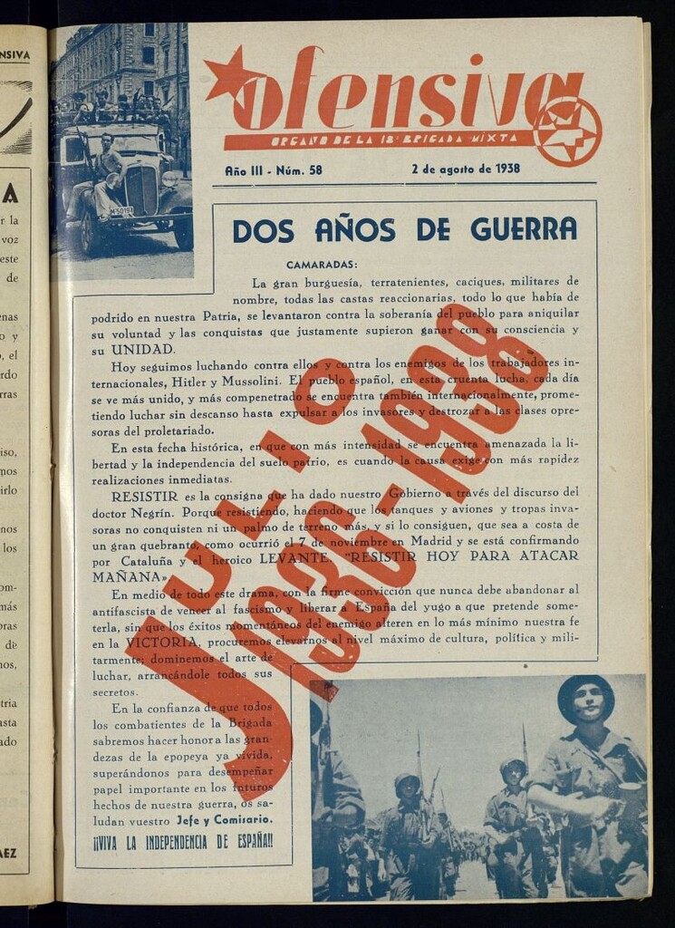 Miniatura de Ofensiva : boletín de la 18ª Brigada Mixta del 2 de agosto de 1938