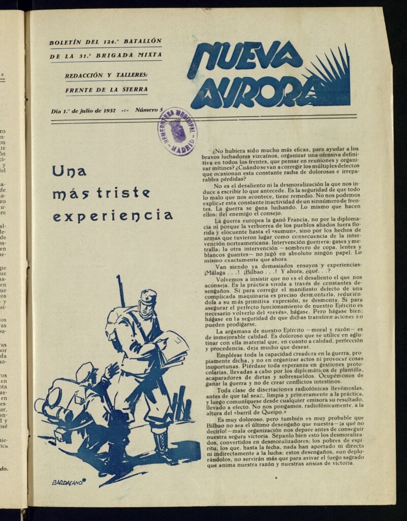 Miniatura de Nueva aurora :boletín del 4º Batallón de la 31ª Brigada Mixta del 1 de julio de 1937